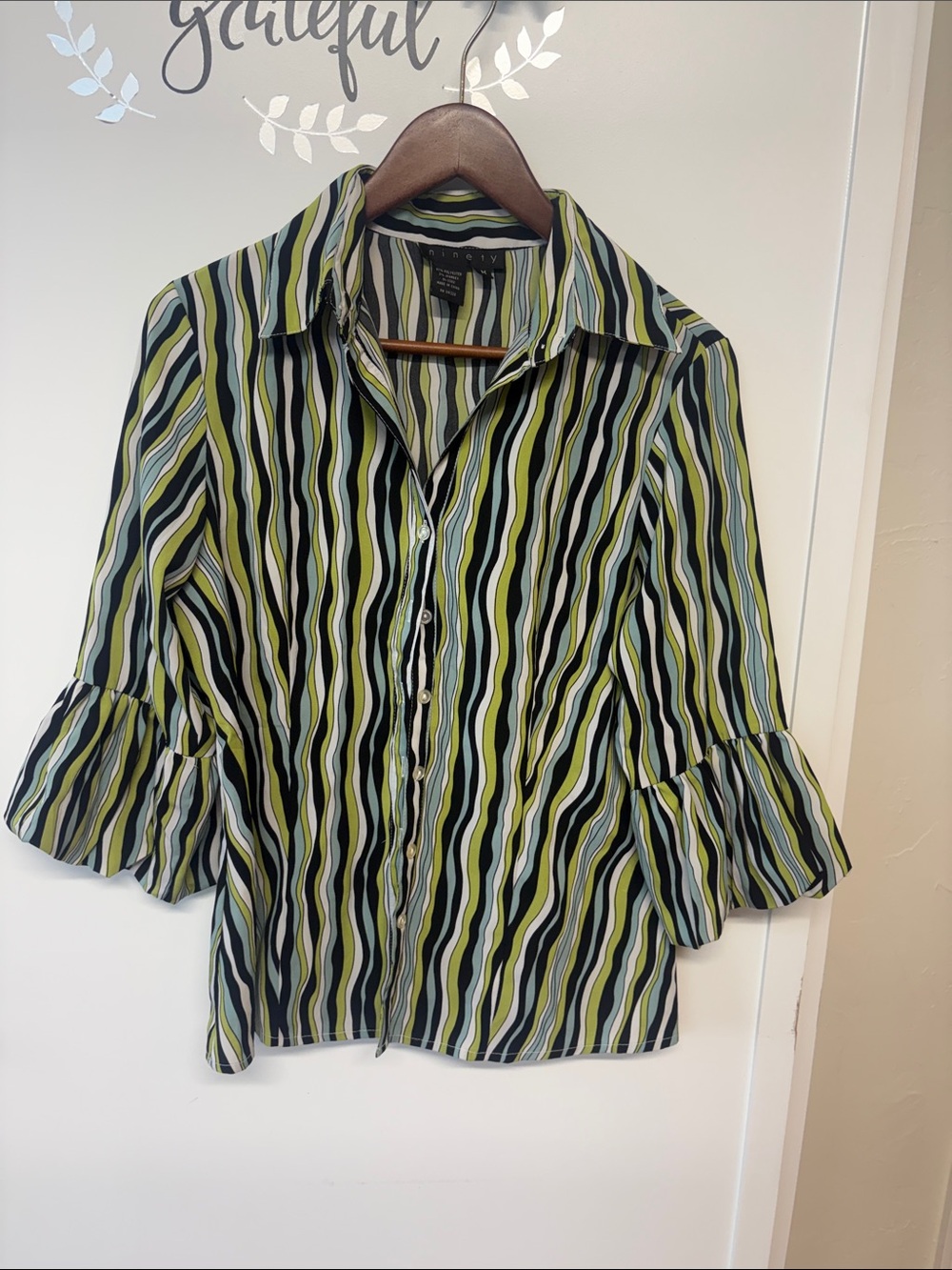 Ninety Striped Ruffle Sleeve Button-Up Blouse in Green, Black, White
